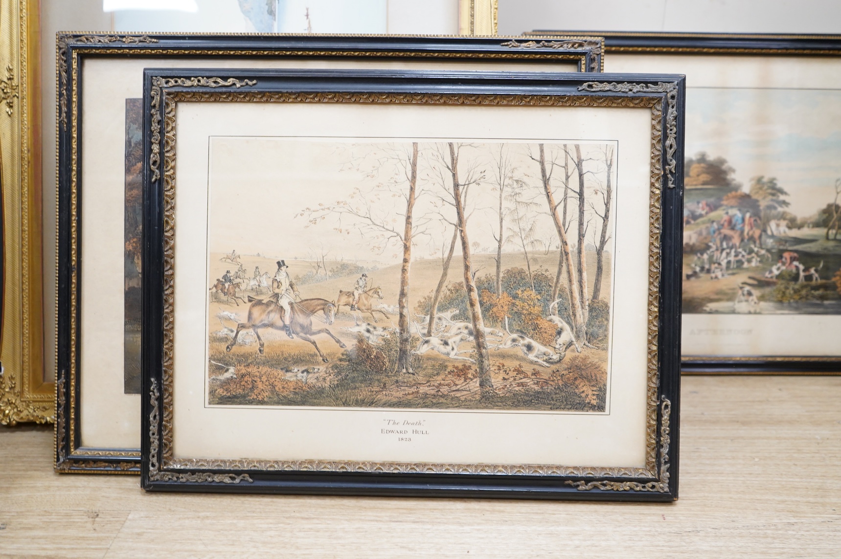 After Dean Wolstenholme (1757-1837) and Edward Hull, eight hunting interest lithographs to include: 'Unkenneling', 'Breaking cover', 'Morning' and 'Afternoon', 32 x 42cm